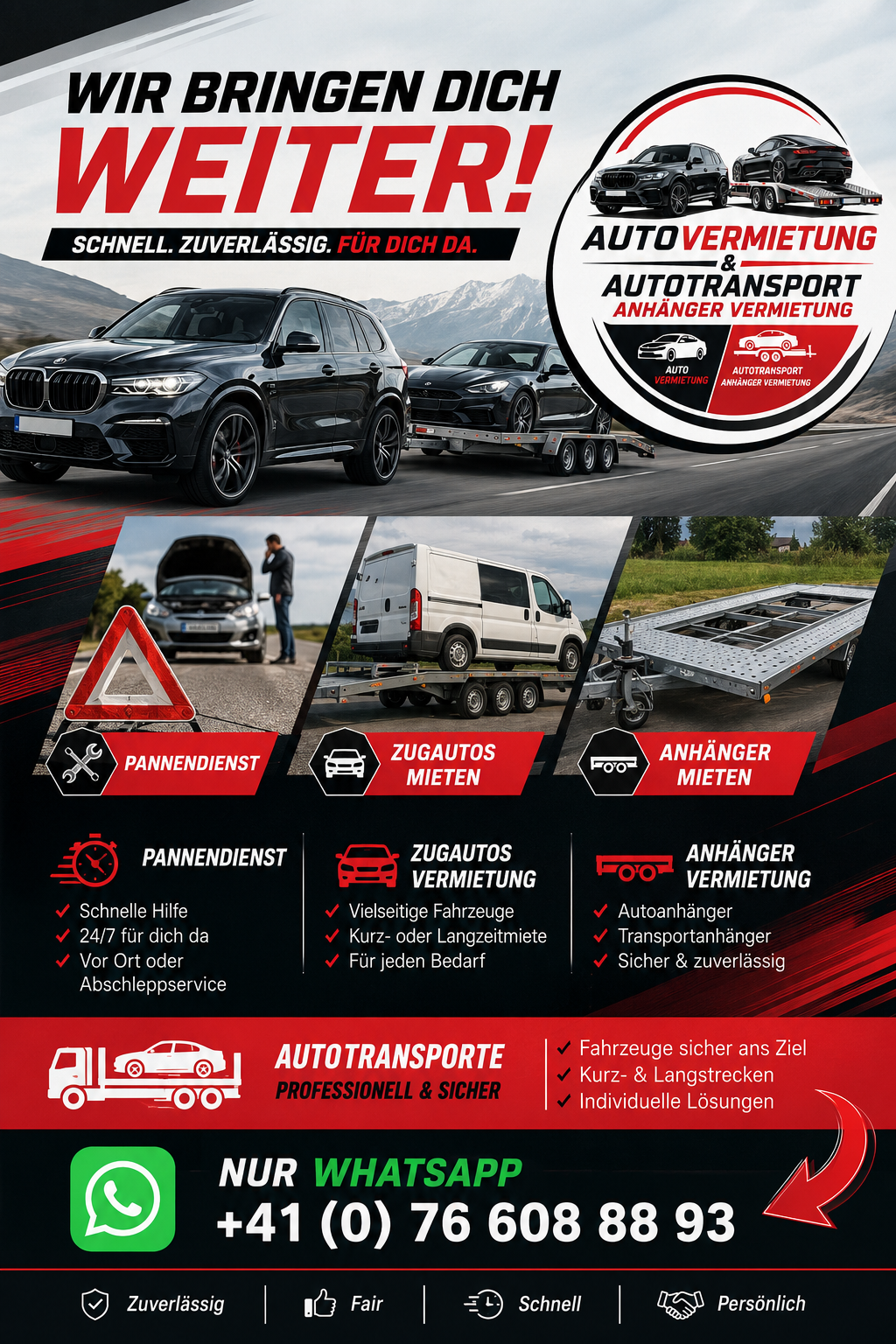 Flyer: Wir bringen dich weiter mit Pannendienst, Zugautos mieten, Anhänger mieten und Autotransporte